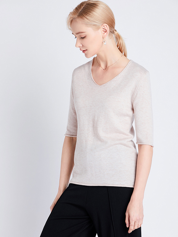 Pink Apricot Loose Half Sleeve Wool V-Neck Sweater