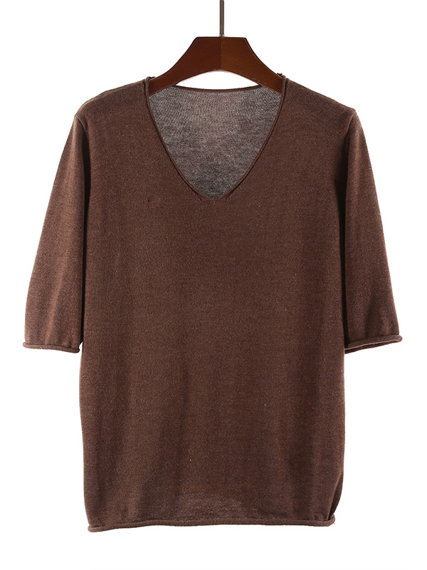 Green Apricot Loose Half Sleeve Wool V-Neck Sweater