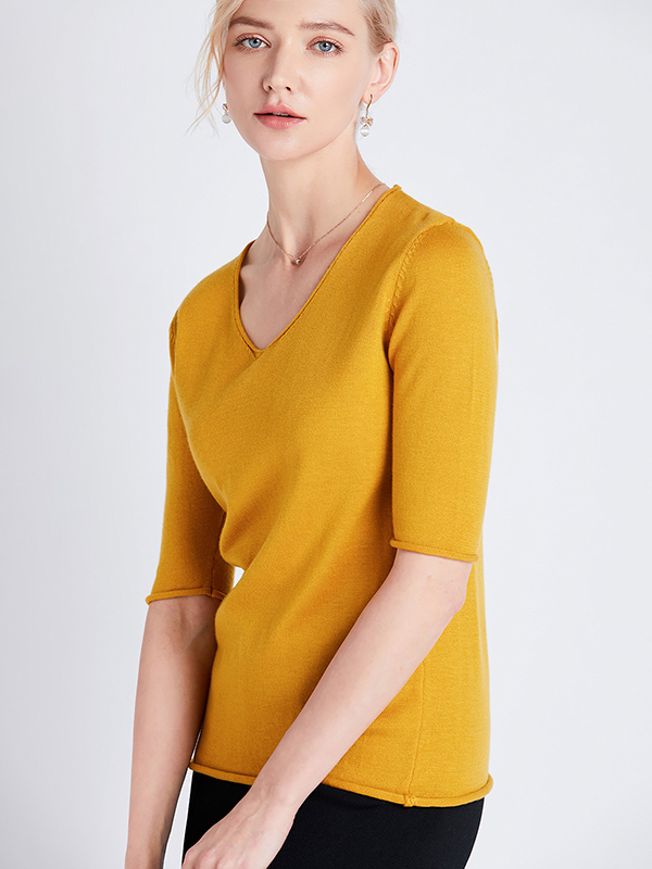 Yellow Apricot Loose Half Sleeve Wool V-Neck Sweater