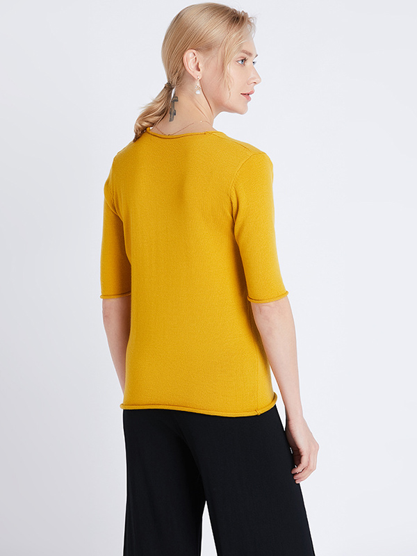 Yellow Apricot Loose Half Sleeve Wool V-Neck Sweater