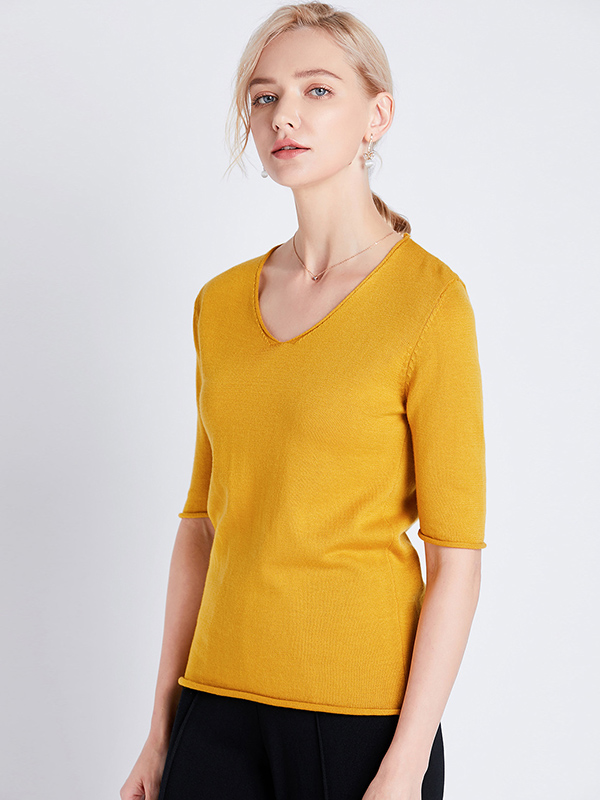 Yellow Apricot Loose Half Sleeve Wool V-Neck Sweater