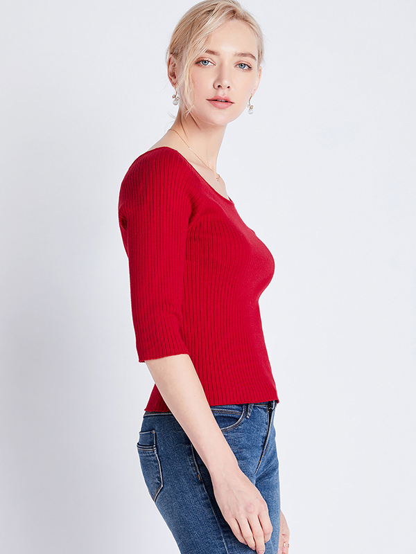 Red Half Sleeve Slim Knitted Sweater