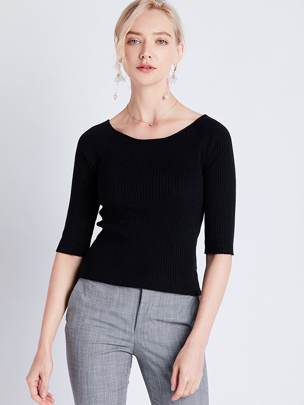 Black Half Sleeve Slim Knitted Sweater