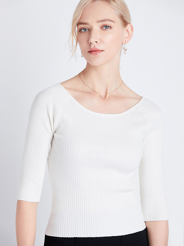 White Half Sleeve Slim Knitted Sweater