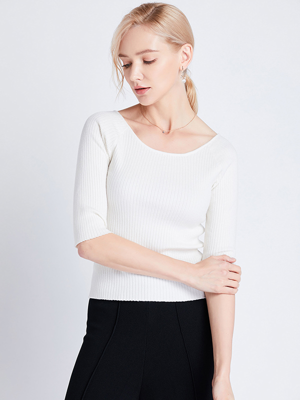 White Half Sleeve Slim Knitted Sweater