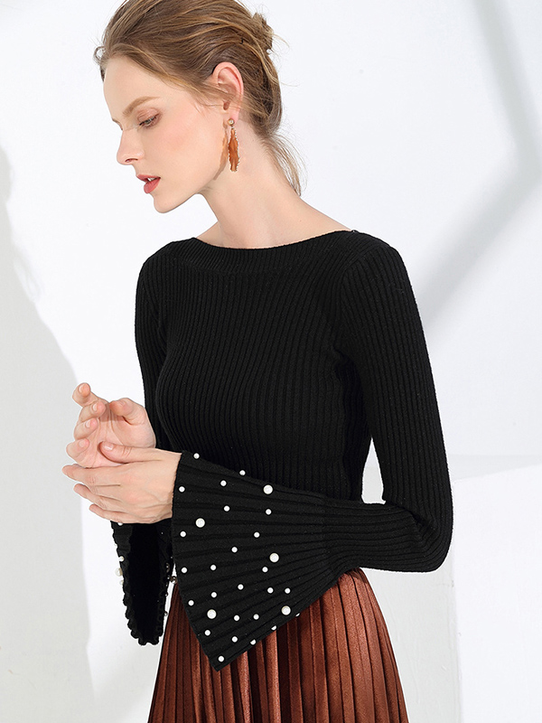  Black Thick Flared Sleeve Scoop Neck Sweater with Stud Beads