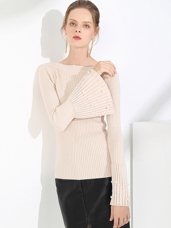 Apricot Thick Flared Sleeve Scoop Neck Sweater with Stud Beads