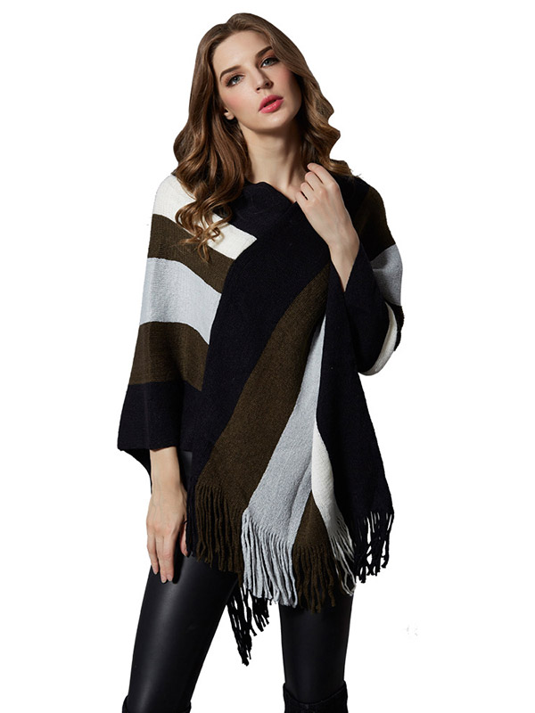 Grey Striped Tassel Bat Sleeve Cape Sweater