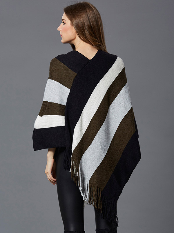 Grey Striped Tassel Bat Sleeve Cape Sweater