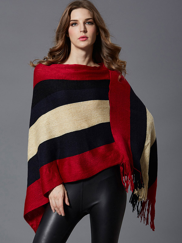 Orange Striped Tassel Bat Sleeve Cape Sweater