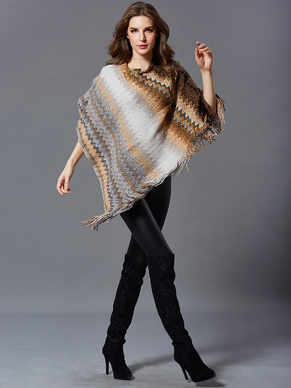 Khaki Round Neck Bat Sleeve Tassel Cape Cape Sweater