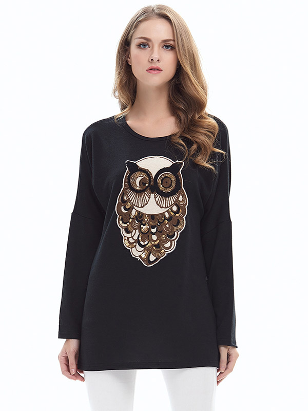 Black Loose Crew Bat Sleeve Owl Long Sleeve Sweater