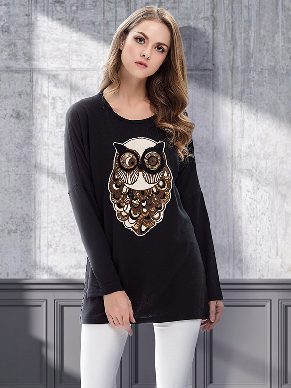 Black Loose Crew Bat Sleeve Owl Long Sleeve Sweater