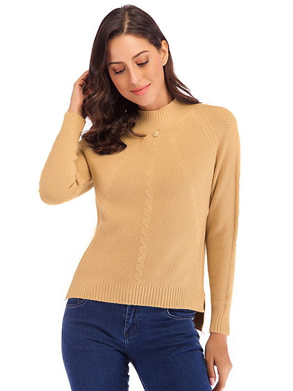 Khaki High Neck Elastic Nail Bead Long Sleeve Sweater