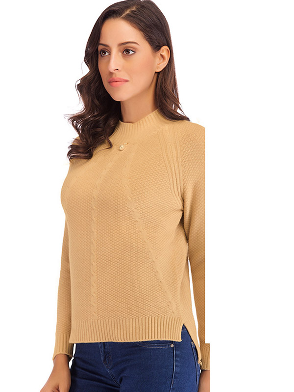 Khaki High Neck Elastic Nail Bead Long Sleeve Sweater