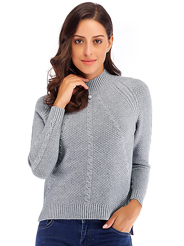 Grey High Neck Elastic Nail Bead Long Sleeve Sweater