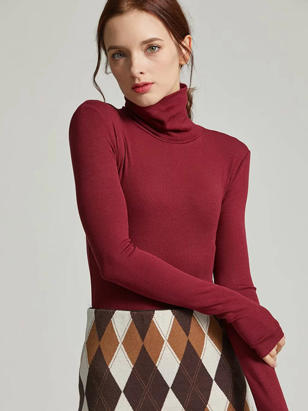 Rose Red Solid Color One Piece Long Sleeve Slim Knitted Sweater