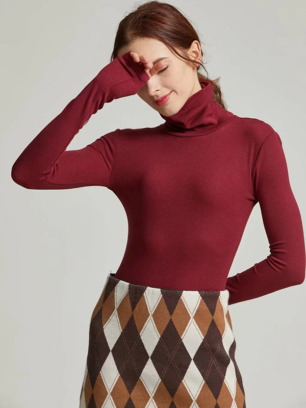 Rose Red Solid Color One Piece Long Sleeve Slim Knitted Sweater