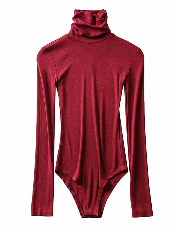 Rose Red Solid Color One Piece Long Sleeve Slim Knitted Sweater