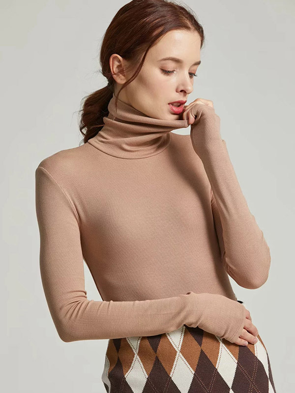 Khaki Solid Color One Piece Long Sleeve Slim Knitted Sweater