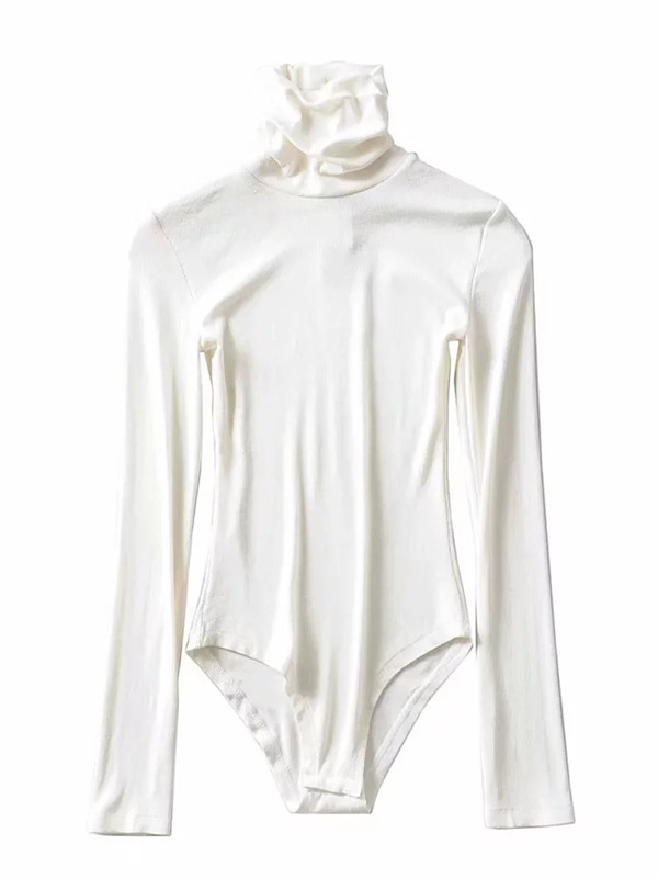 White Solid Color One Piece Long Sleeve Slim Knitted Sweater