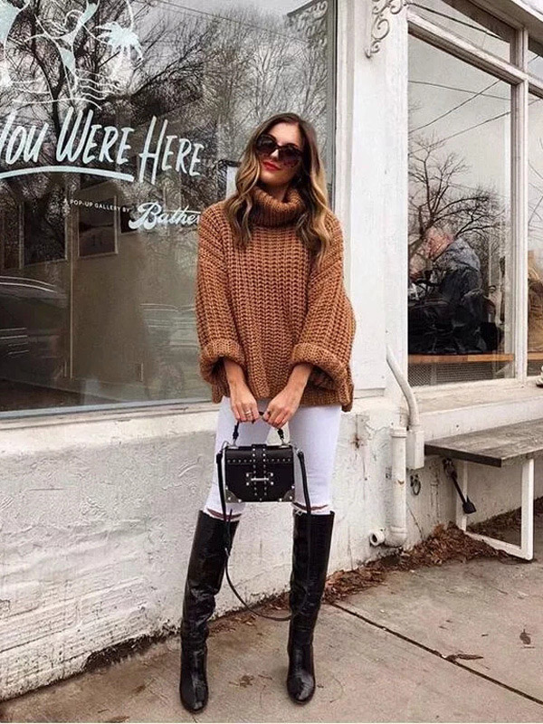 Khaki Fashion Casual Solid Color High Collar Loose Knitted Sweater