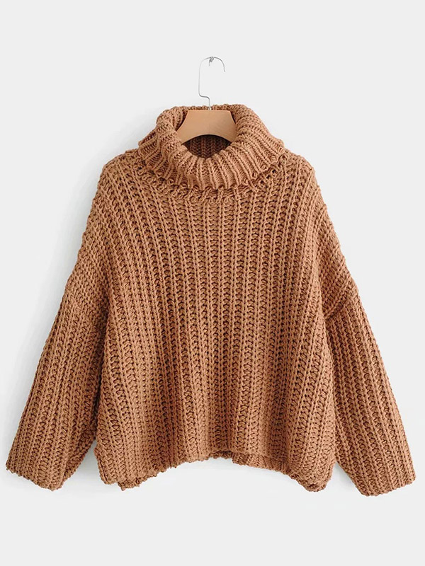 Khaki Fashion Casual Solid Color High Collar Loose Knitted Sweater