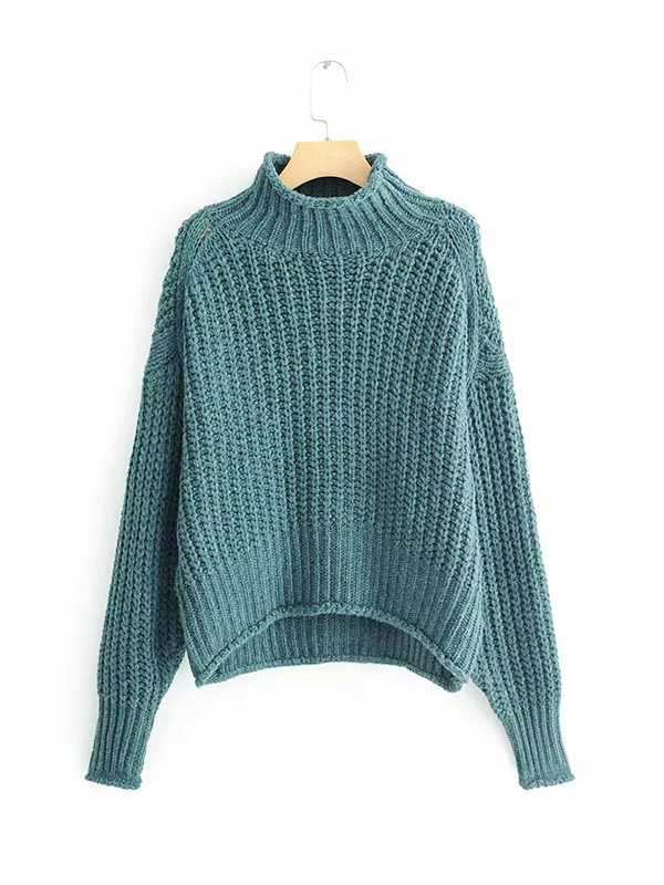 Green Loose Long Sleeve High Neck Knitted Sweater