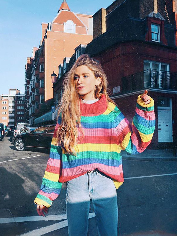 High Neck Loose Rainbow Stripe Sweater