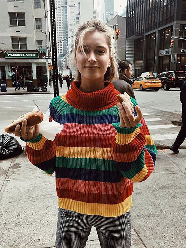 High Neck Loose Rainbow Stripe Sweater