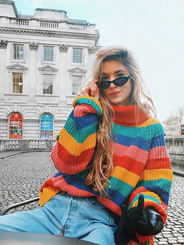 High Neck Loose Rainbow Stripe Sweater