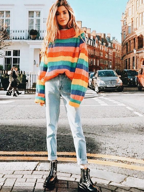 High Neck Loose Rainbow Stripe Sweater