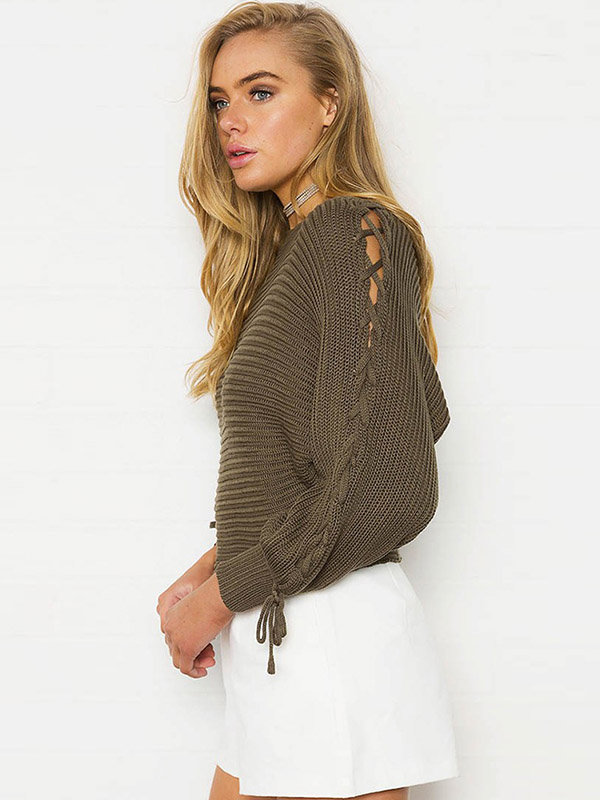 Green Boat Neck Long Sleeve Lace Up Knitted Sweater