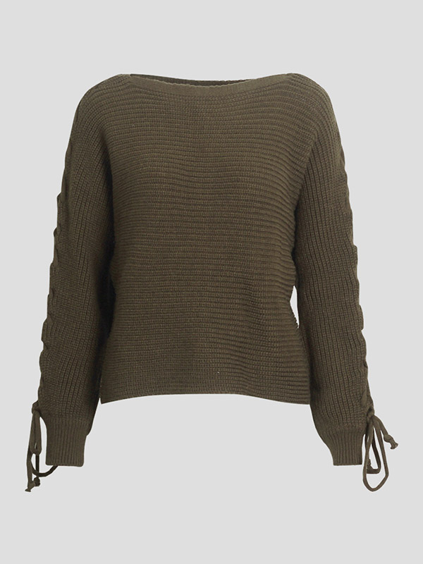 Green Boat Neck Long Sleeve Lace Up Knitted Sweater