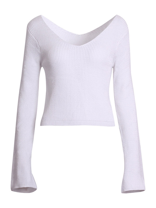 White V-Neck High Waist Slim Knitted Sweater