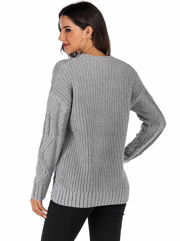 Grey Casual Twist Crew Neck Knitted Sweater