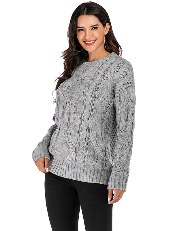 Grey Casual Twist Crew Neck Knitted Sweater