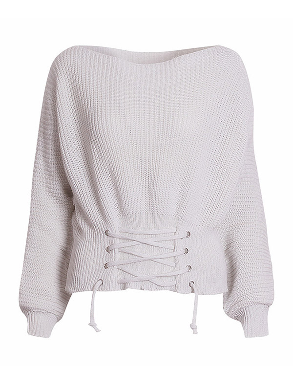 White Fashion Round Neck Waistband Knitted Sweater