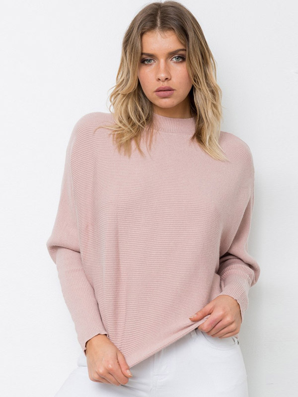 Pink Half High Collar Long Sleeve Knitted Sweater