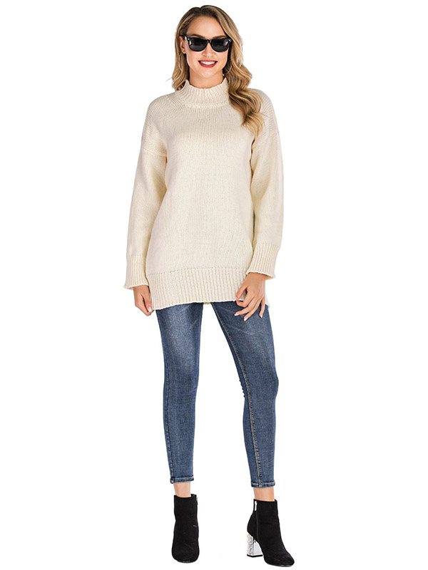 White Half High Collar Solid Color Casual Knitted Sweater