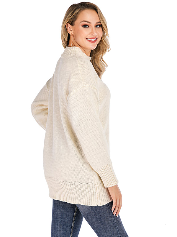 White Half High Collar Solid Color Casual Knitted Sweater