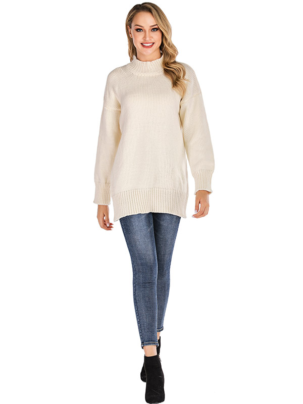 White Half High Collar Solid Color Casual Knitted Sweater