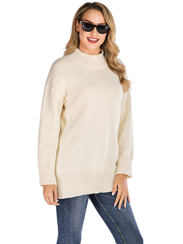 White Half High Collar Solid Color Casual Knitted Sweater