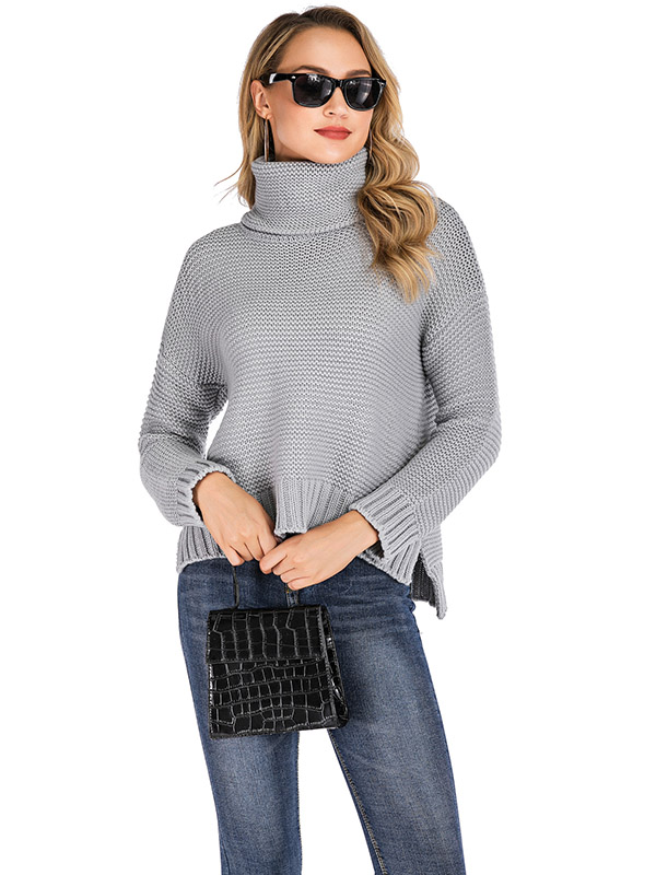 Grey Casual Turtleneck Solid Color Sweater