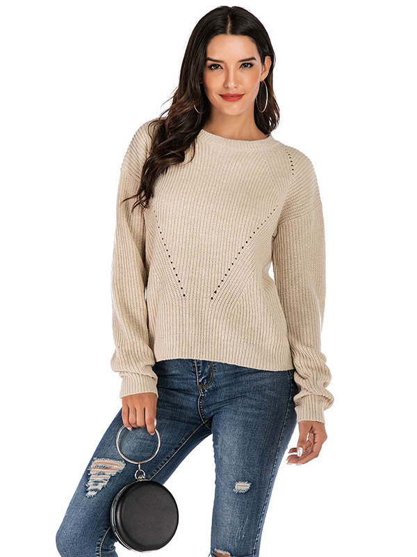 Khaki Slim Solid Color Crew Neck Knitted Sweater 