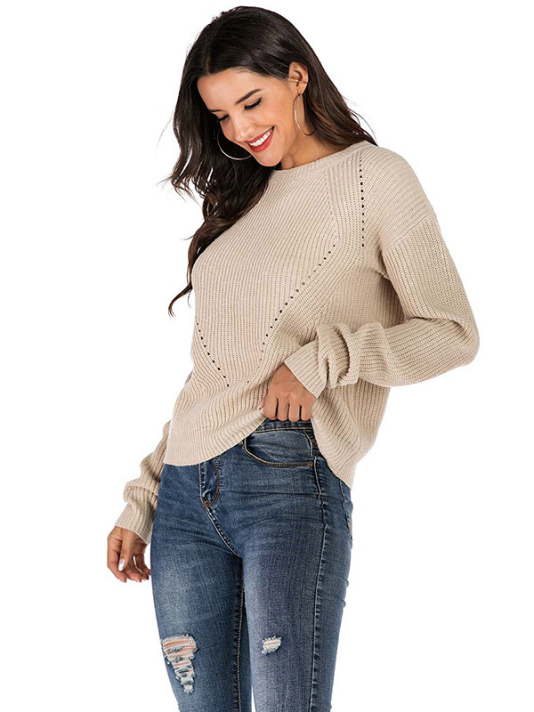 Khaki Slim Solid Color Crew Neck Knitted Sweater 