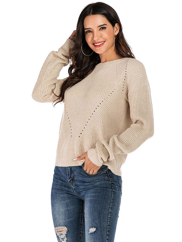 Khaki Slim Solid Color Crew Neck Knitted Sweater 