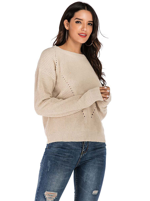 Khaki Slim Solid Color Crew Neck Knitted Sweater 