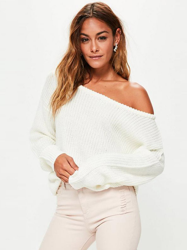 White Fashion Off Shoulder Loose Knit Sweater