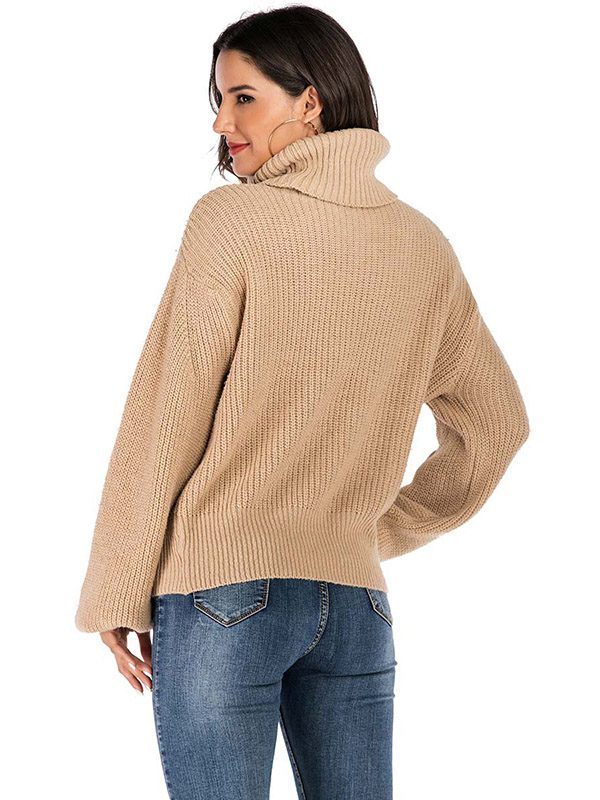 Khaki Loose Casual High Neck Jacquard Sweater